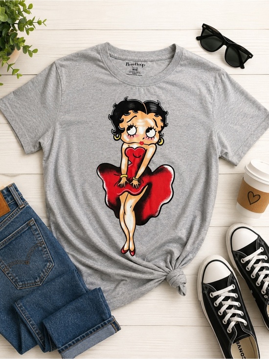 Tops - Betty Boop Red Dress Graphic Tee Gray Cartoon Pin Up Shirt Sz M